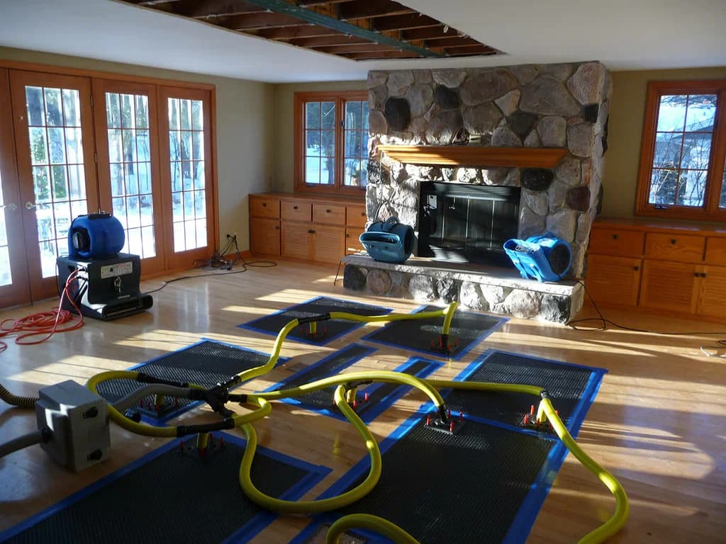 Living room with drying mats, hoses and air movers running during water damage repair